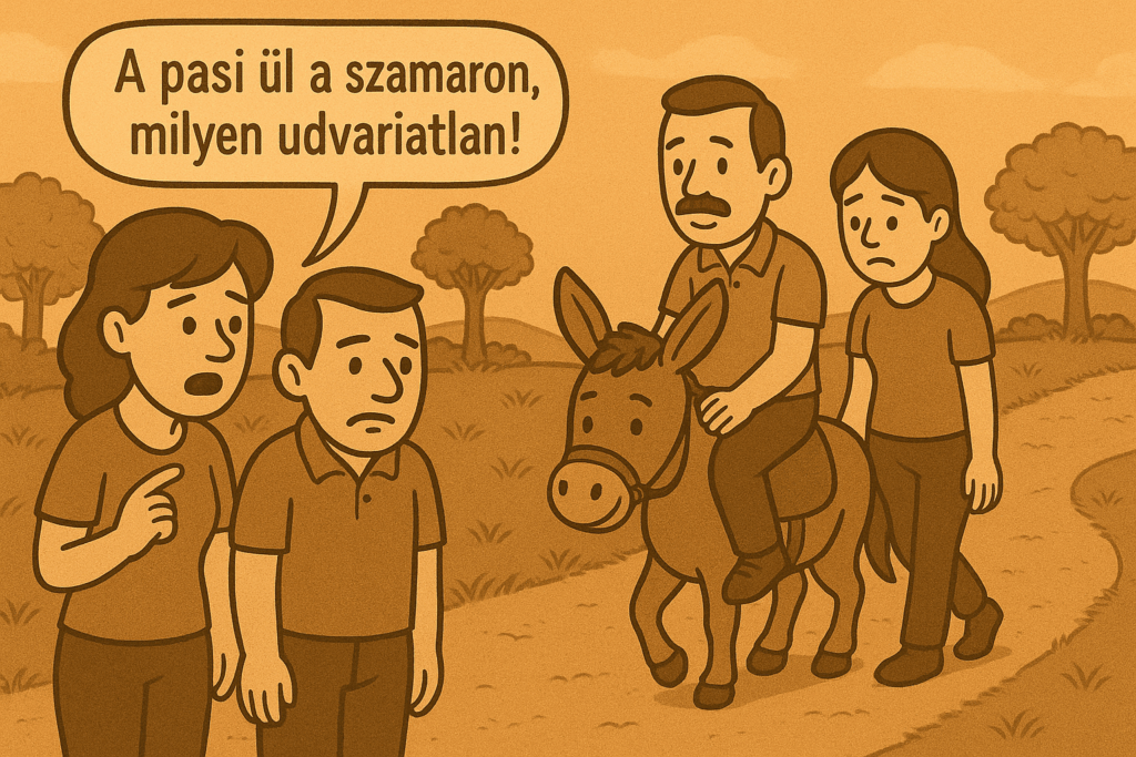 A férfi ül, a nő gyalogol